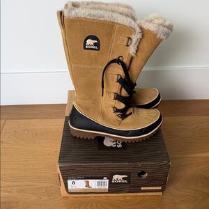 Sorel Women's Tan Winter Rain Boots with Faux Fur Trim